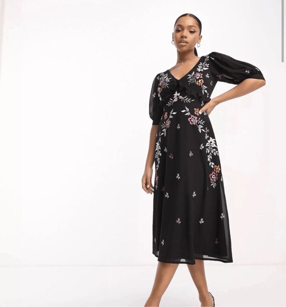 Maya Deluxe $226 Embroidered V Neck Midi Dress Floral Black Womens 4 NEW